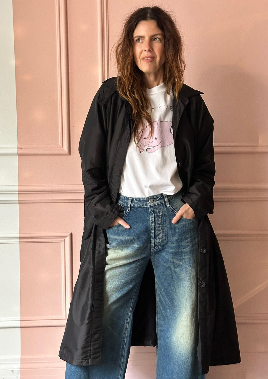 CHRISTIAN PEAU - Vintage Silk Fleece-Lined Coat in Black