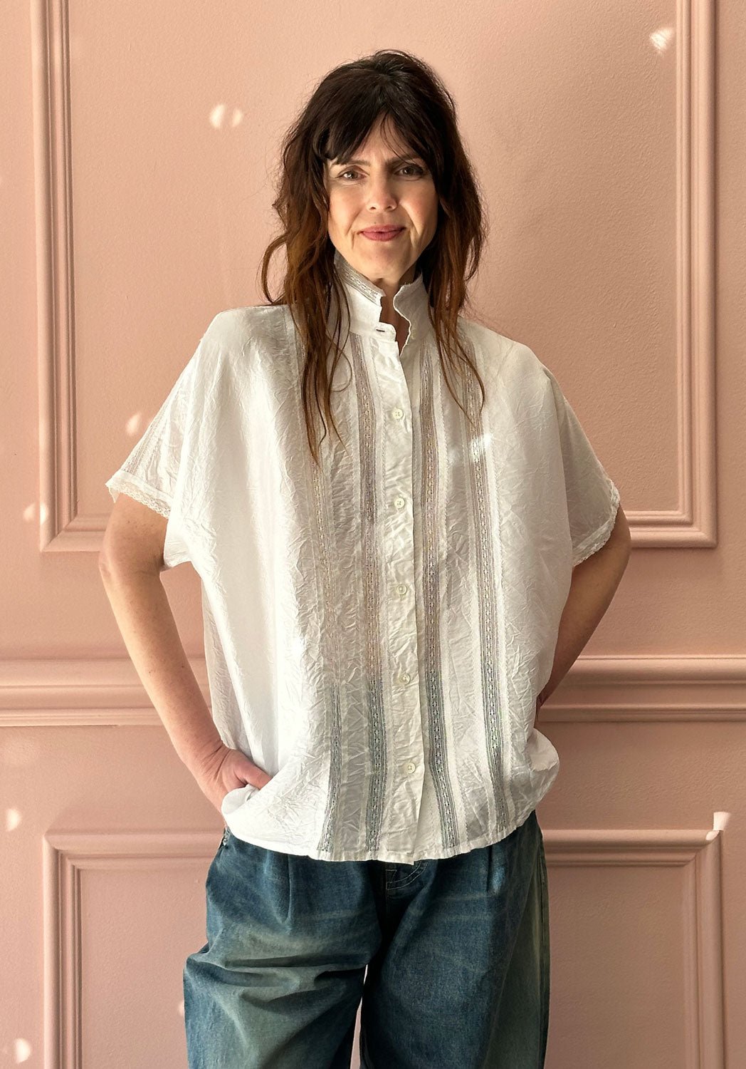 CHRISTIAN PEAU - Vintage Silk Top with Lace Detailing in White