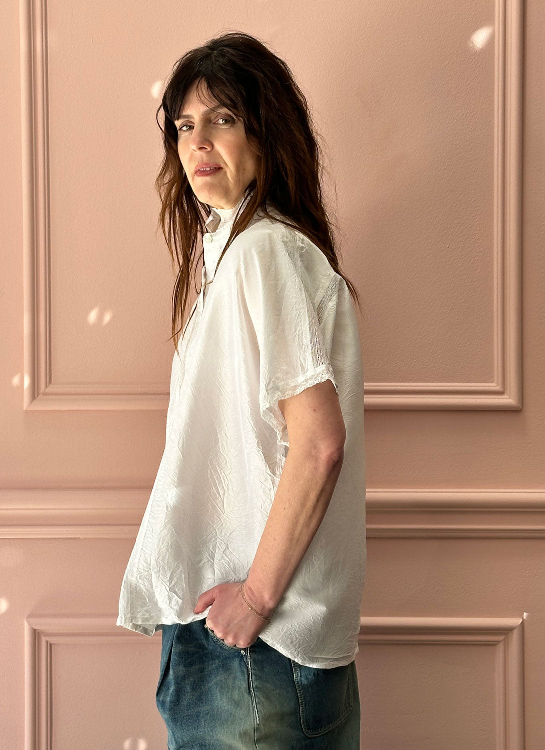 CHRISTIAN PEAU - Vintage Silk Top with Lace Detailing in White