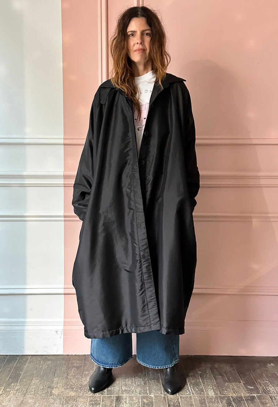 CHRISTIAN PEAU - Vintage Silk Fleece-Lined Coat in Black