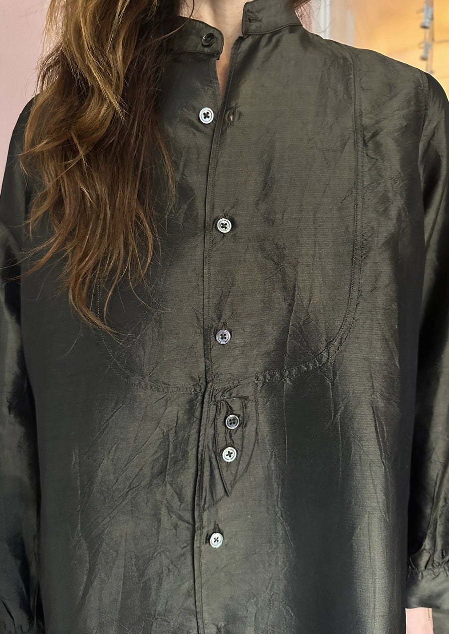 CHRISTIAN PEAU - Vintage Silk Long Tuxedo Shirt in Moss Green