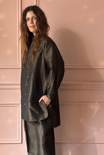 CHRISTIAN PEAU - Vintage Silk Long Tuxedo Shirt in Moss Green