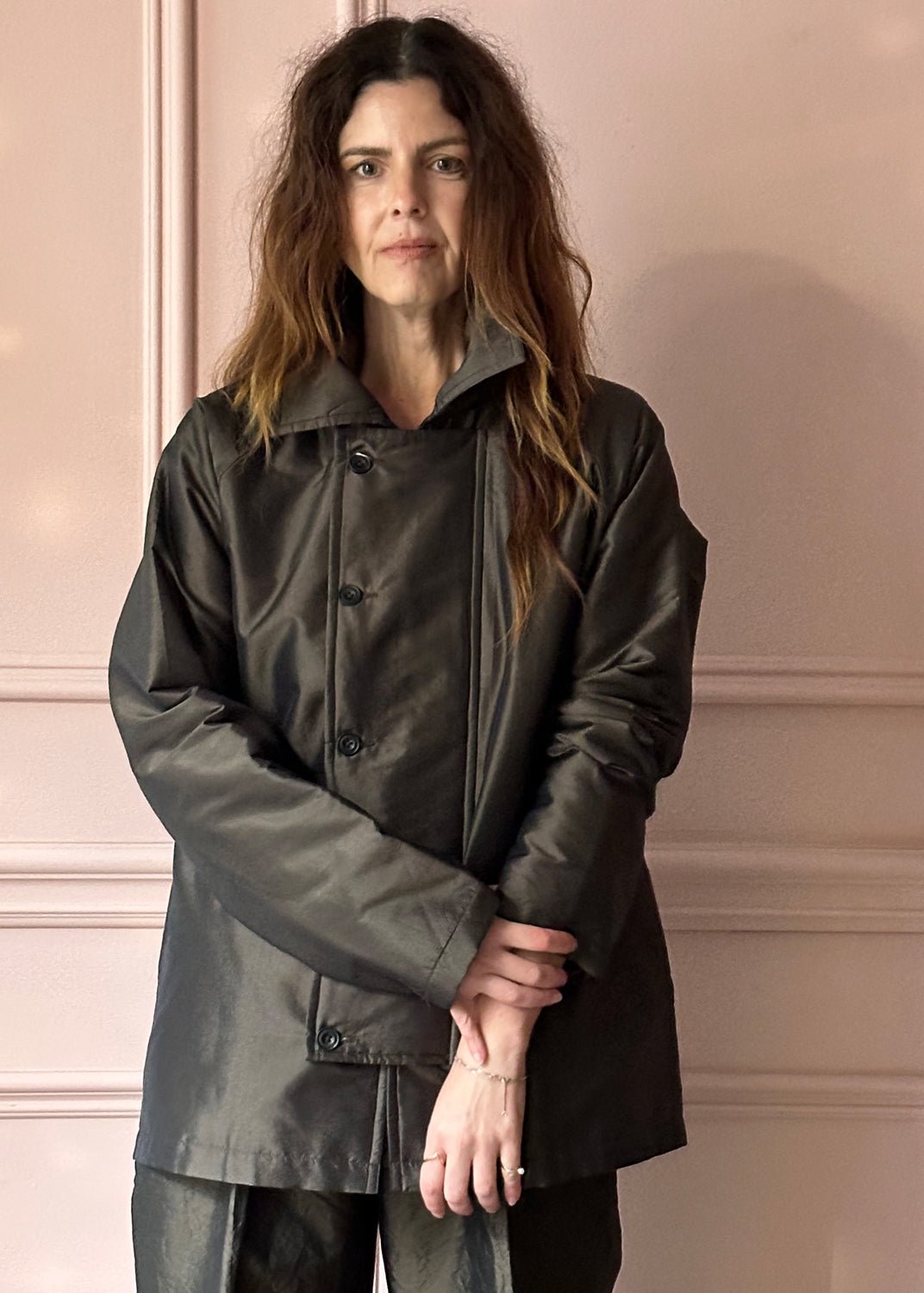 CHRISTIAN PEAU - Vintage Silk Padded Pea-Coat in Moss Green