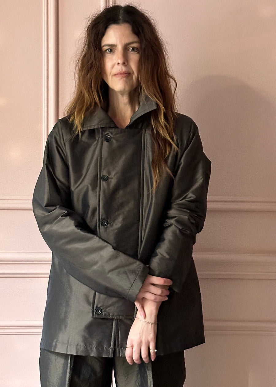 CHRISTIAN PEAU - Vintage Silk Padded Pea-Coat in Moss Green