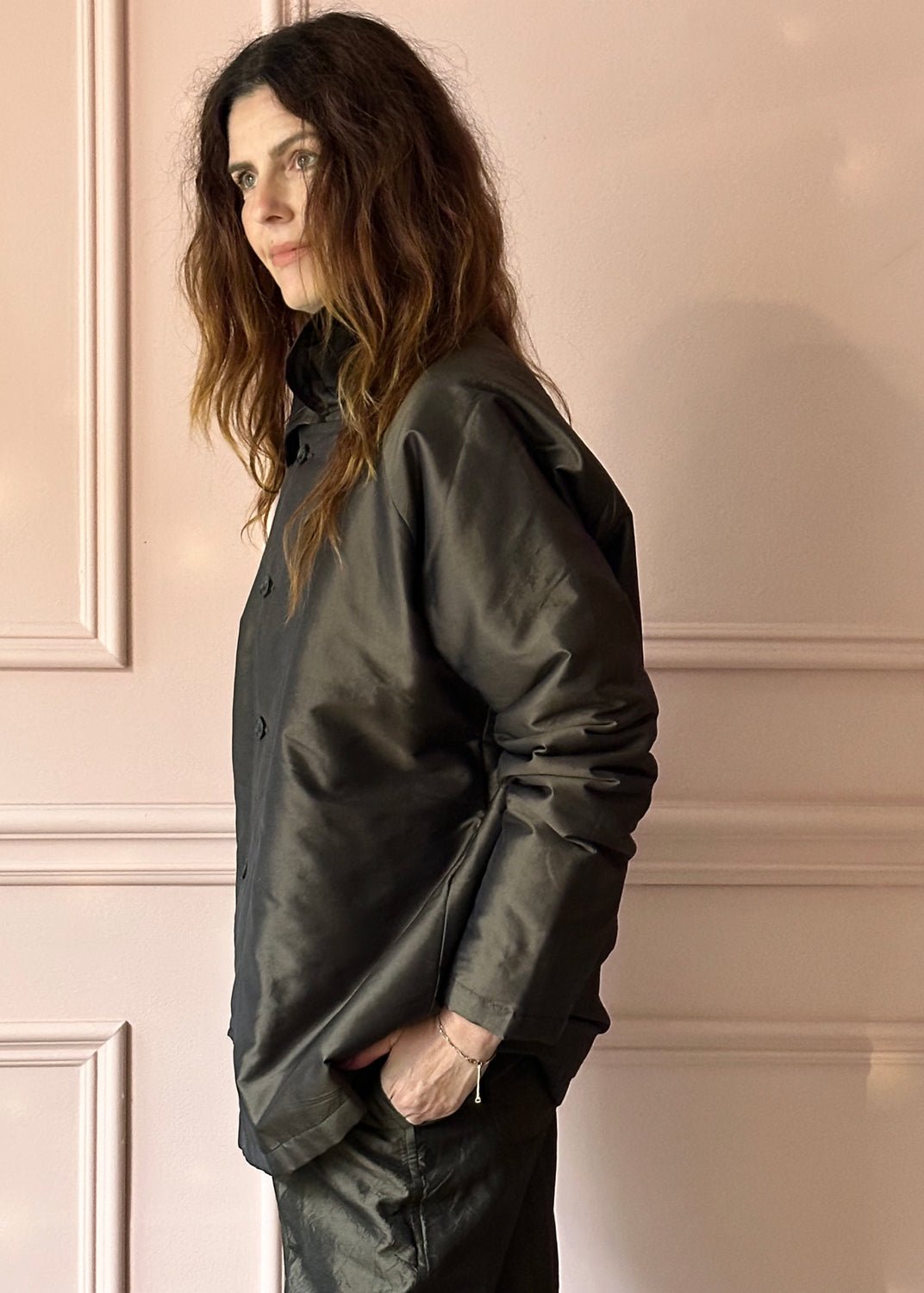 CHRISTIAN PEAU - Vintage Silk Padded Pea-Coat in Moss Green