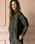 CHRISTIAN PEAU - Vintage Silk Cropped Pleated Front Shirt in Moss Green
