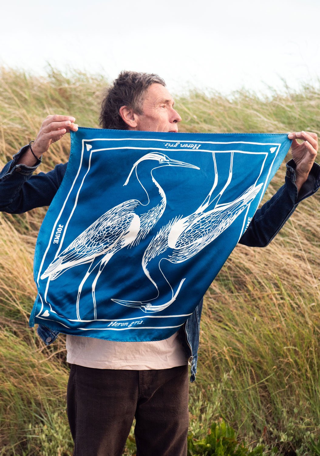 JOUME ATELIER - Square Silk Grey Heron Scarf in Blue