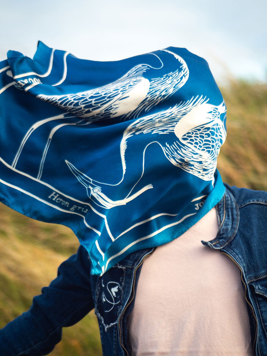 JOUME ATELIER - Square Silk Grey Heron Scarf in Blue