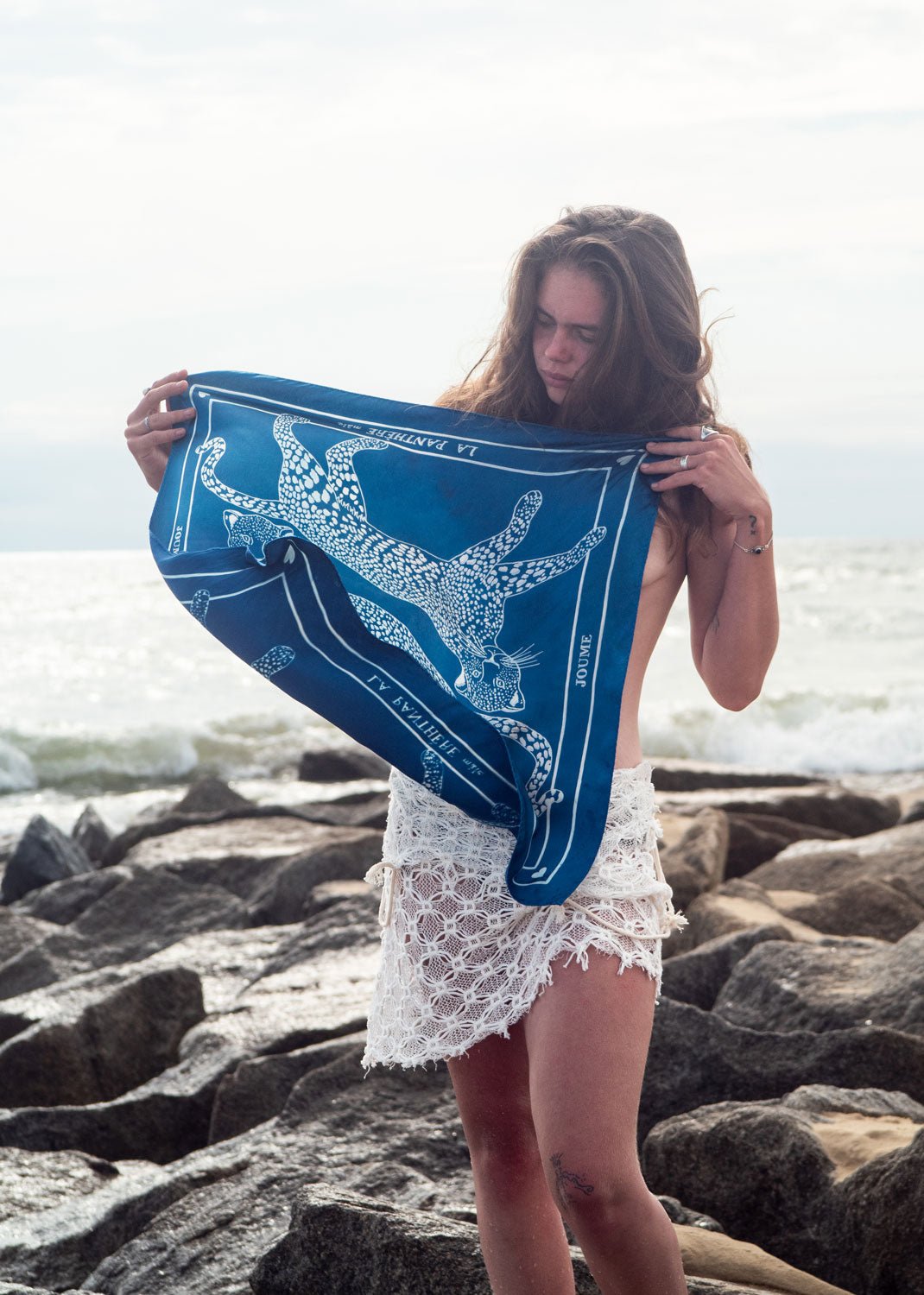 JOUME ATELIER - Silk Square Panther Scarf in Blue