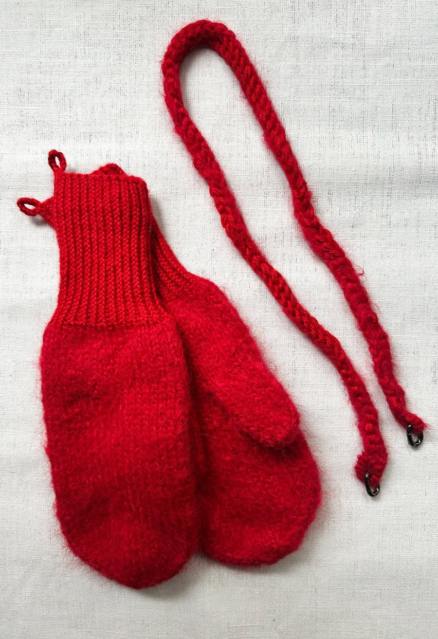 KARAKORAM - Hand Knitted Mittens with Crocheted String in Red