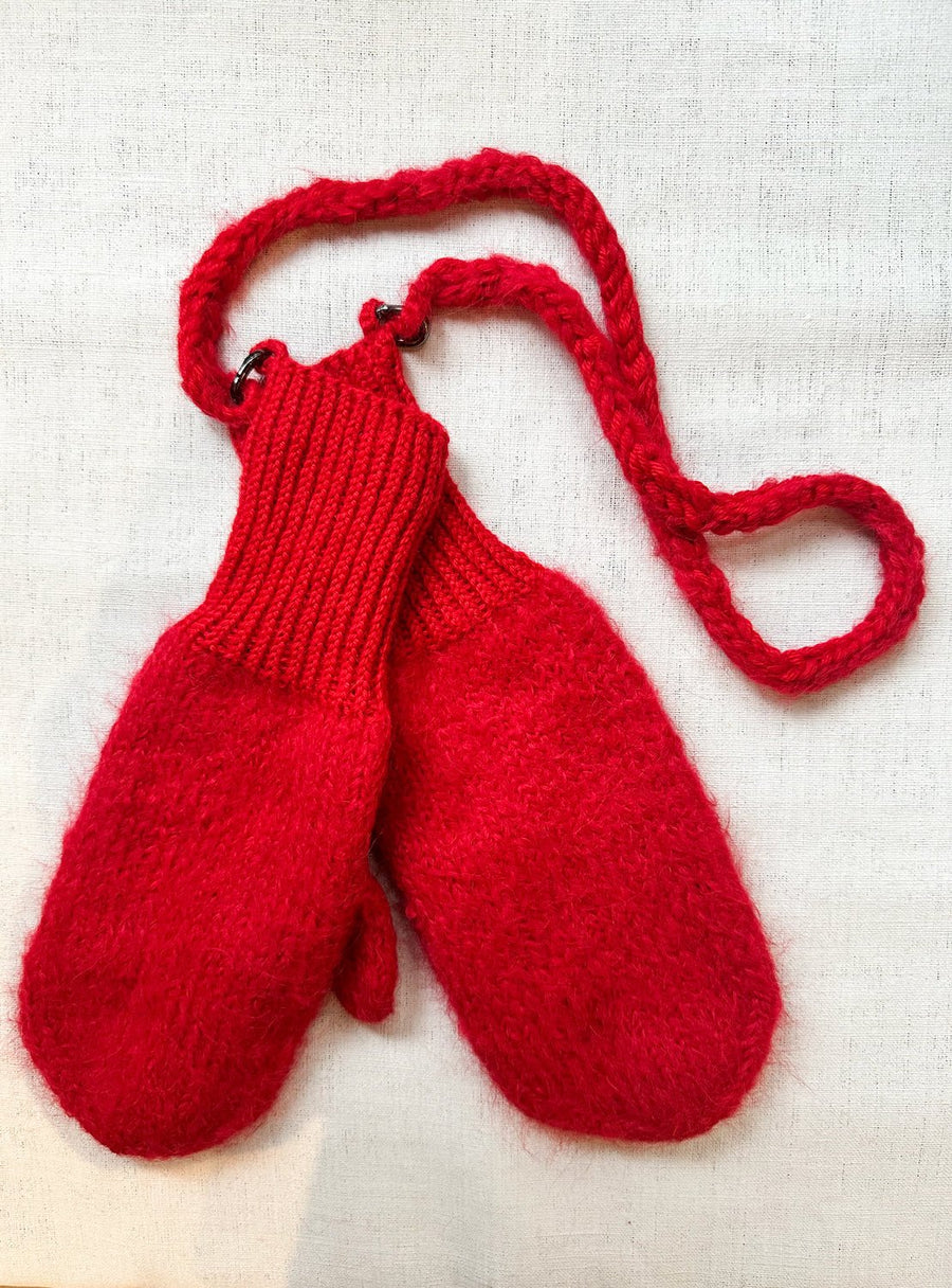 KARAKORAM - Hand Knitted Mittens with Crocheted String in Red