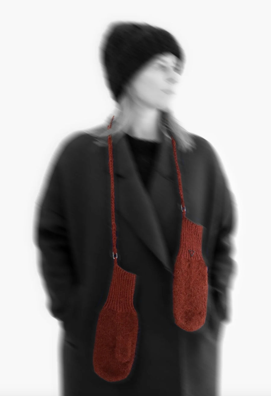 KARAKORAM - Hand Knitted Mittens with Crocheted String in Mahogany