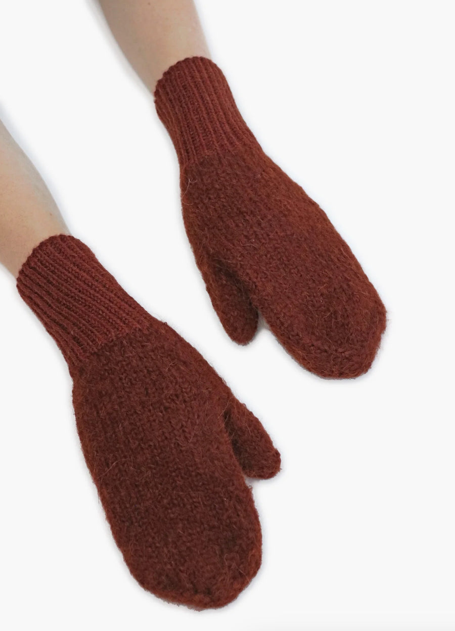 KARAKORAM - Hand Knitted Mittens with Crocheted String in Mahogany