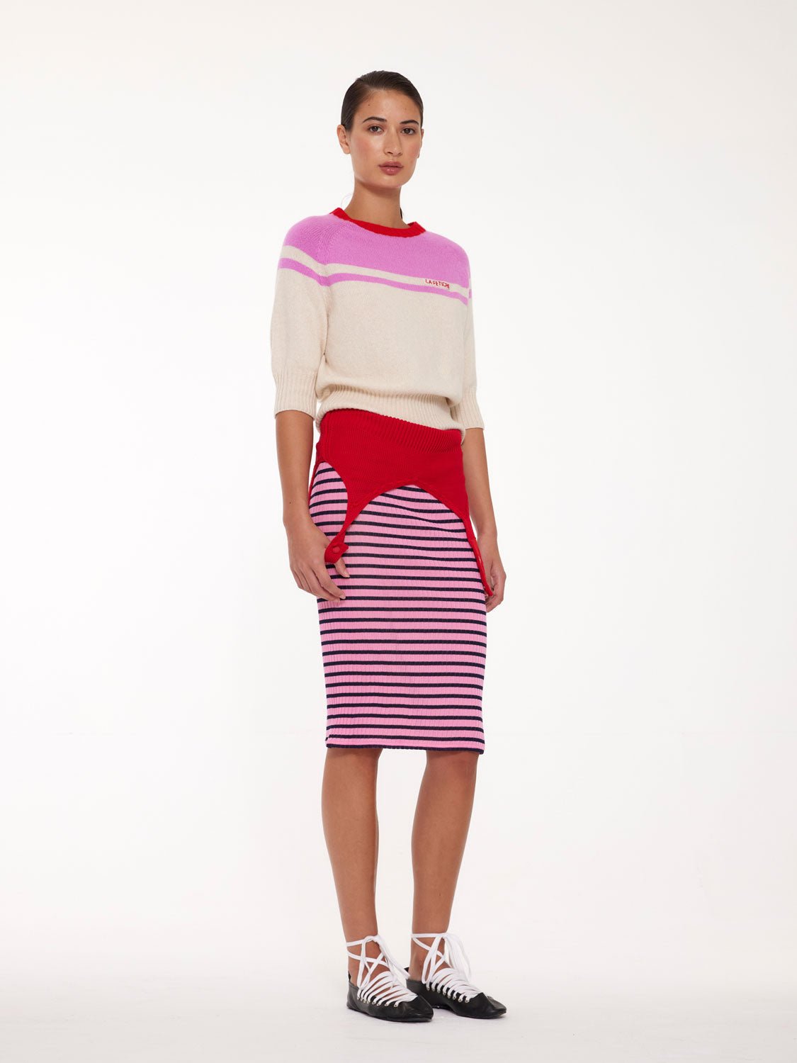 LA FETICHE - ADY 3/4 Sleeve Crewneck Sweater in Ecru/Pink