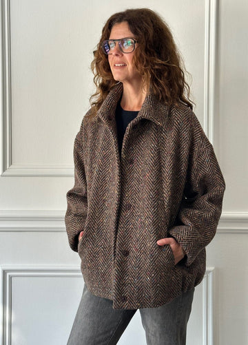 MERCY - Donegal Tweed Car Coat in Brown Fleck