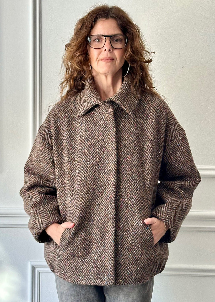 MERCY - Donegal Tweed Car Coat in Brown Fleck