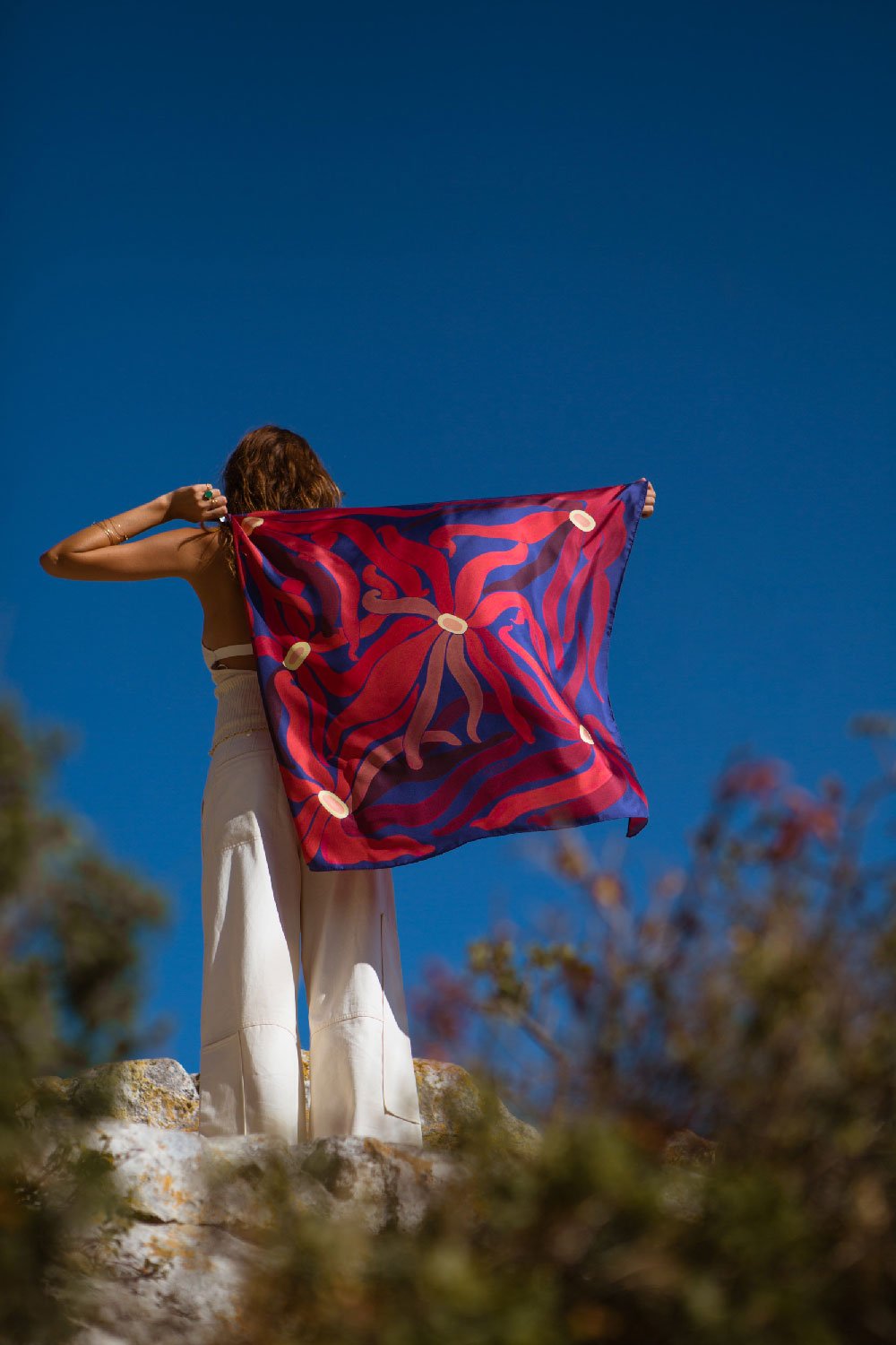 PETITJEAN - SILK SOLEIL DE NUIT SCARF in RED/NAVY