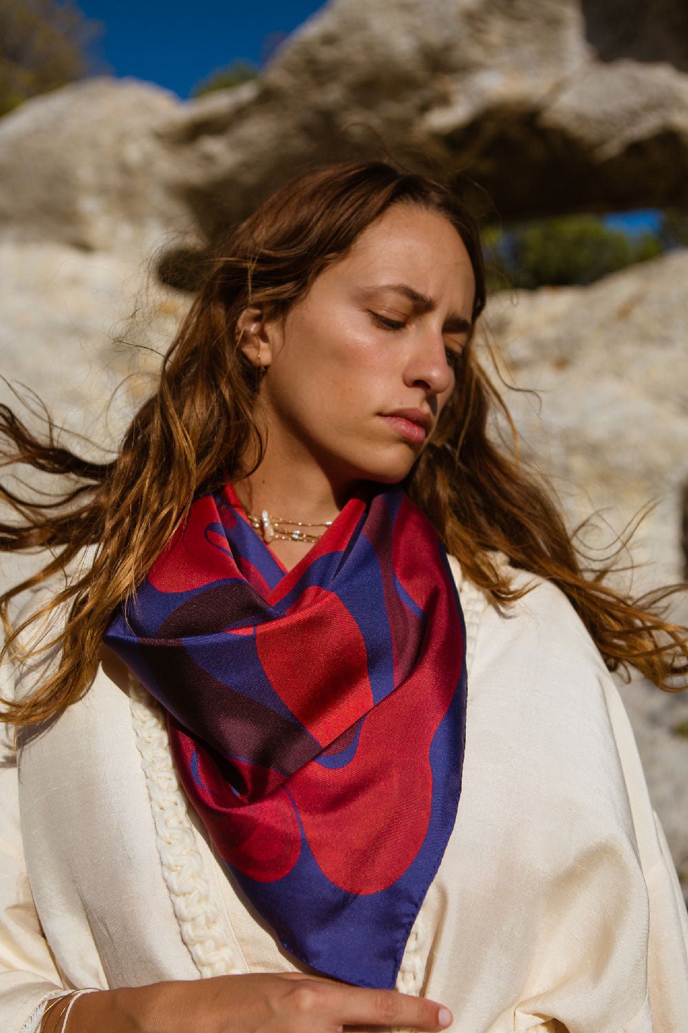 PETITJEAN - SILK SOLEIL DE NUIT SCARF in RED/NAVY