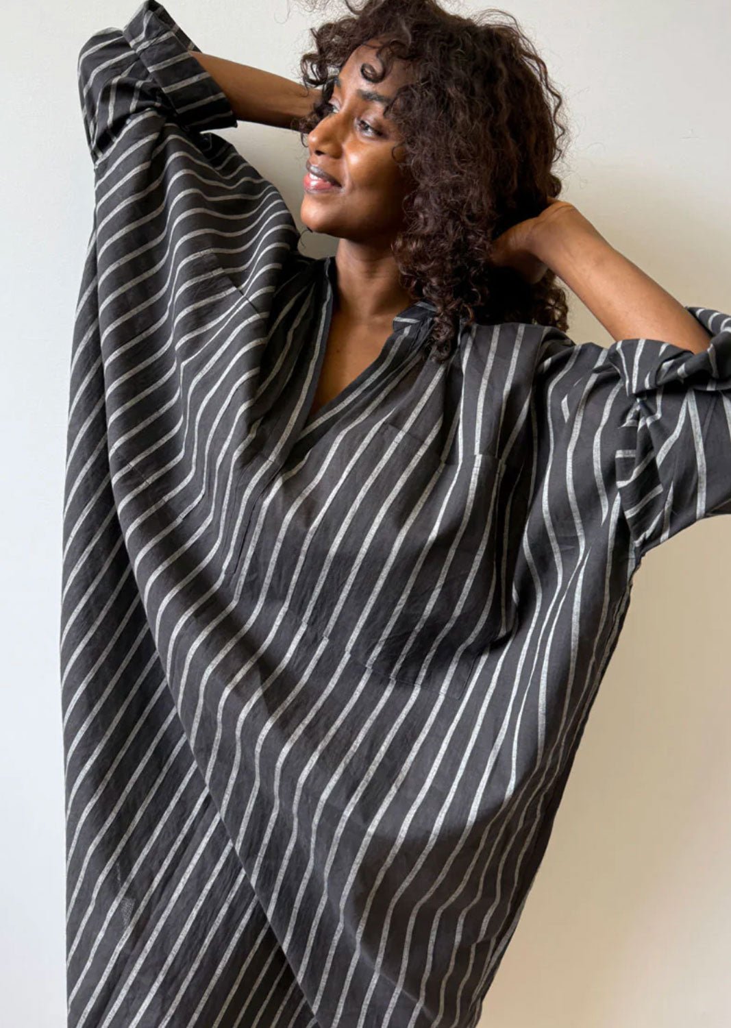 TWO NY - Featherweight Cotton Caftan in Black and White Stripes