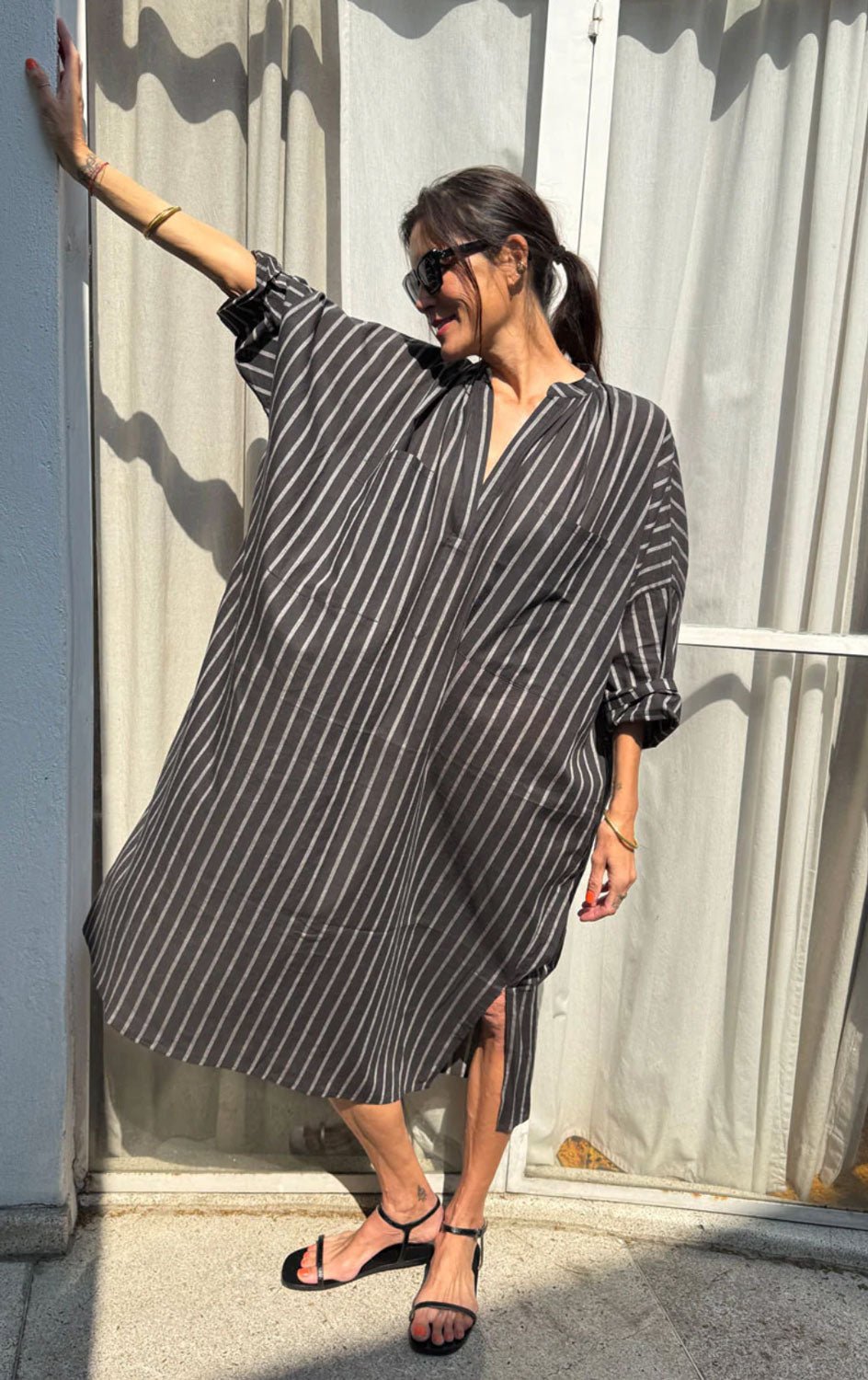TWO NY - Featherweight Cotton Caftan in Black and White Stripes