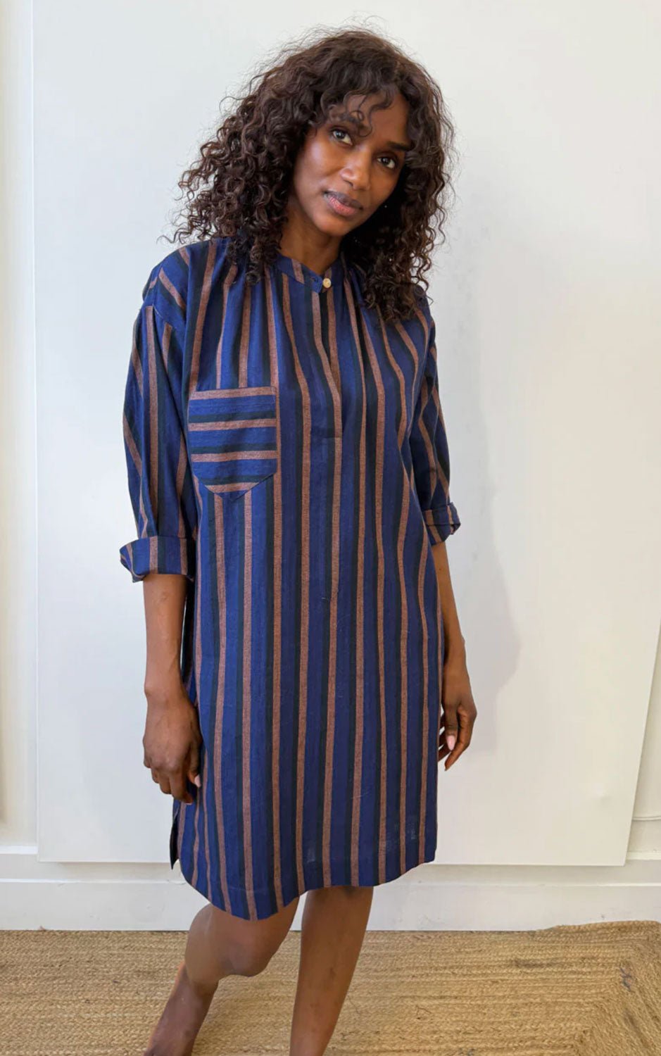 TWO NY - Loose Tunic Dress in Blue/Black and Clay Stripes