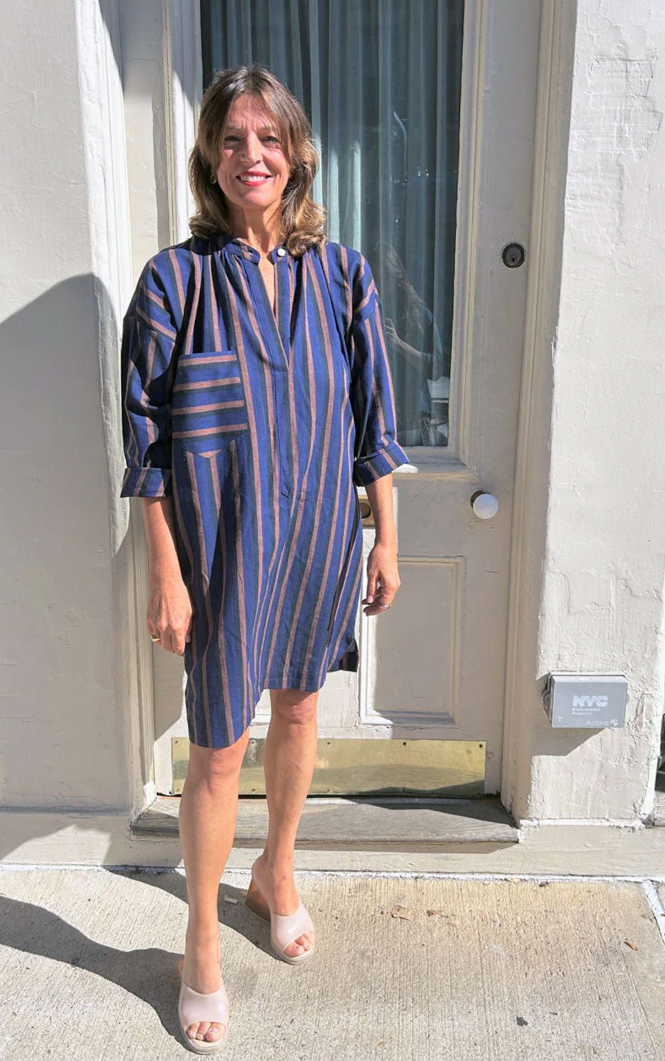 TWO NY - Loose Tunic Dress in Blue/Black and Clay Stripes