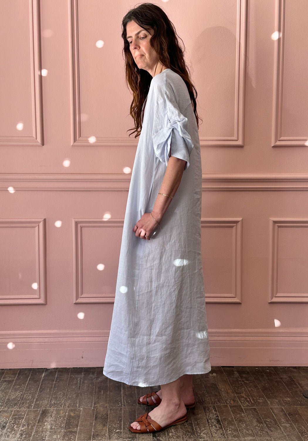 TICCA - Linen Dress with Puff Sleeves in Saxe Blue