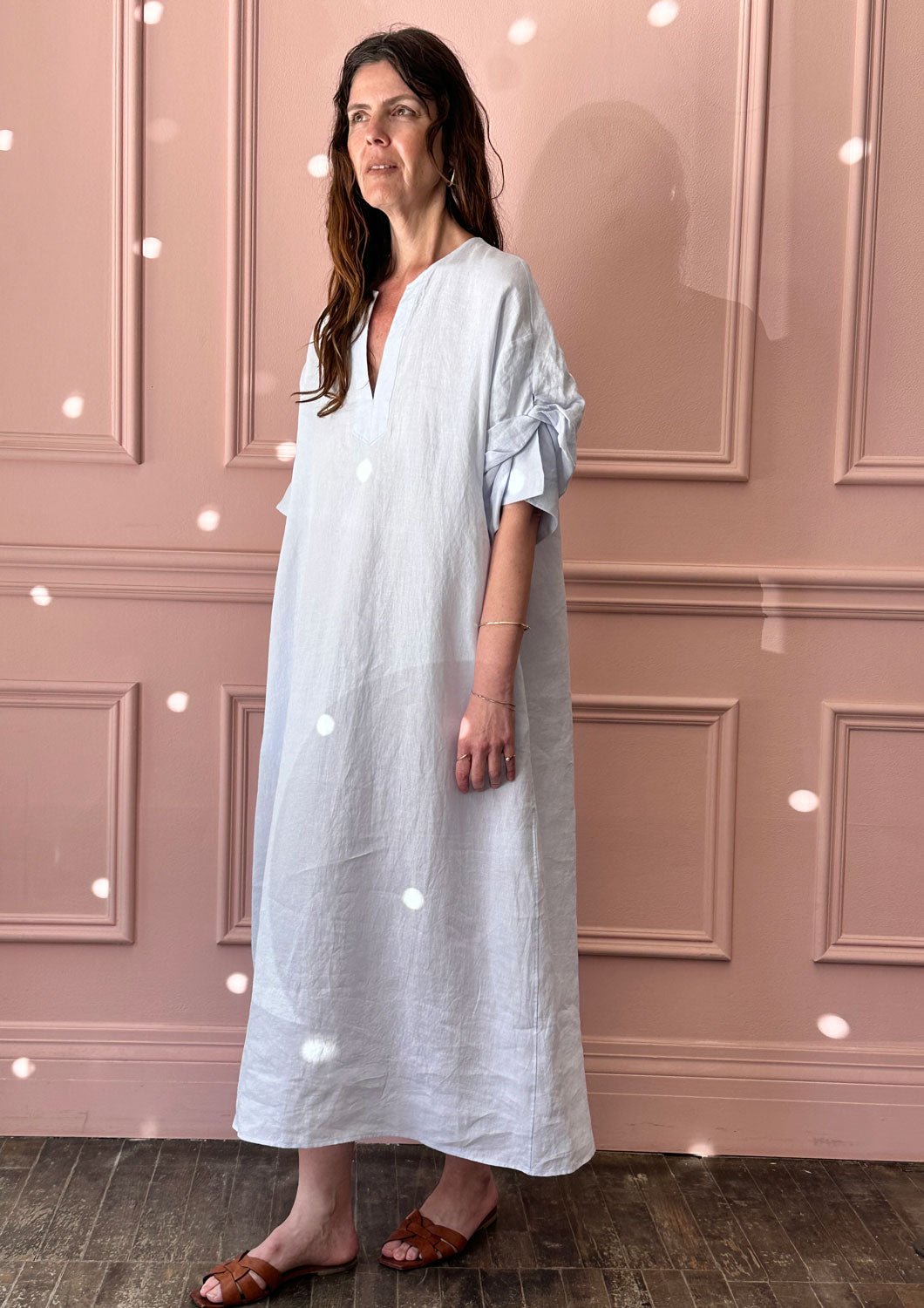 TICCA - Linen Dress with Puff Sleeves in Saxe Blue