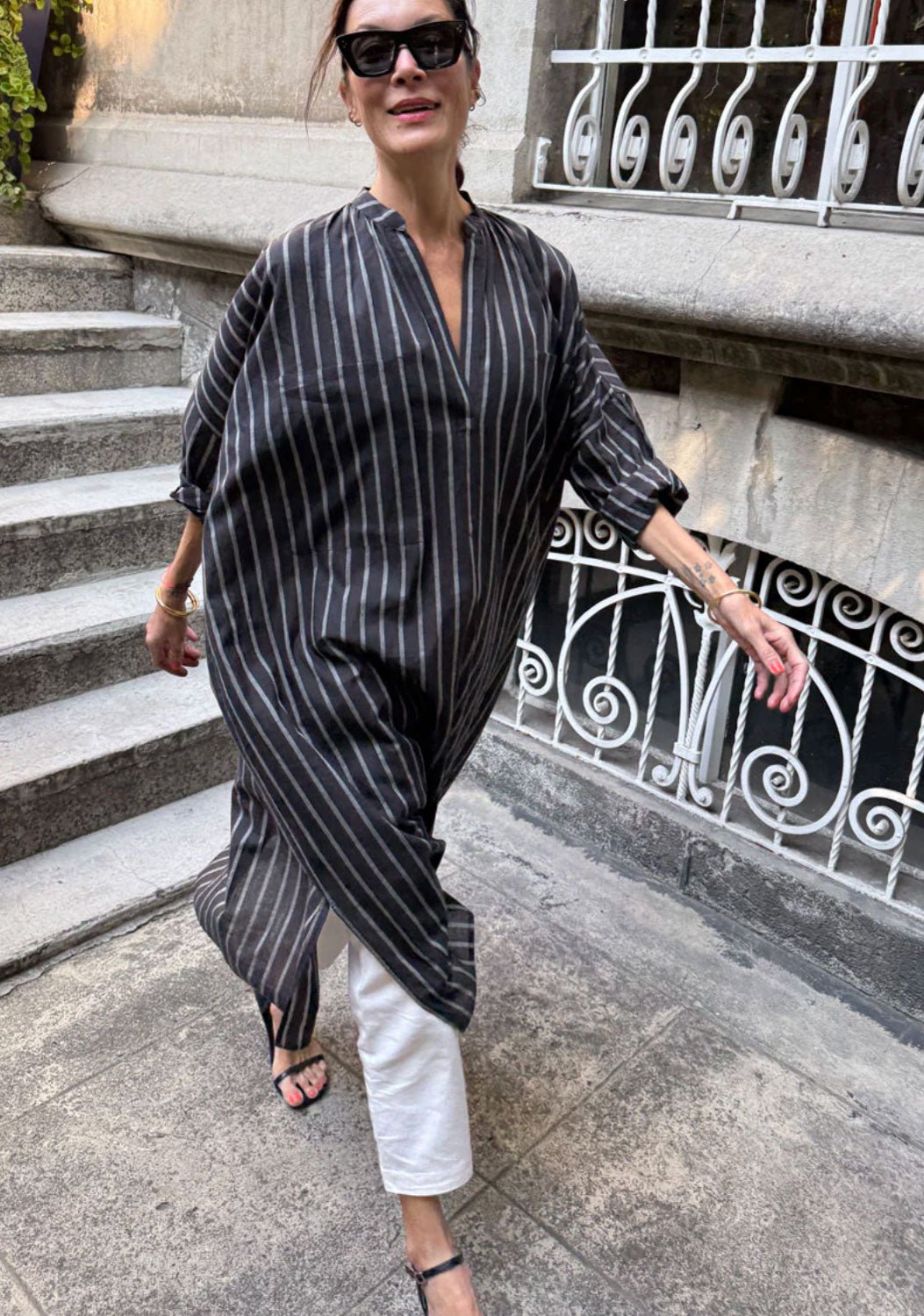 TWO NY - Featherweight Cotton Caftan in Black and White Stripes
