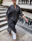 TWO NY - Featherweight Cotton Caftan in Black and White Stripes