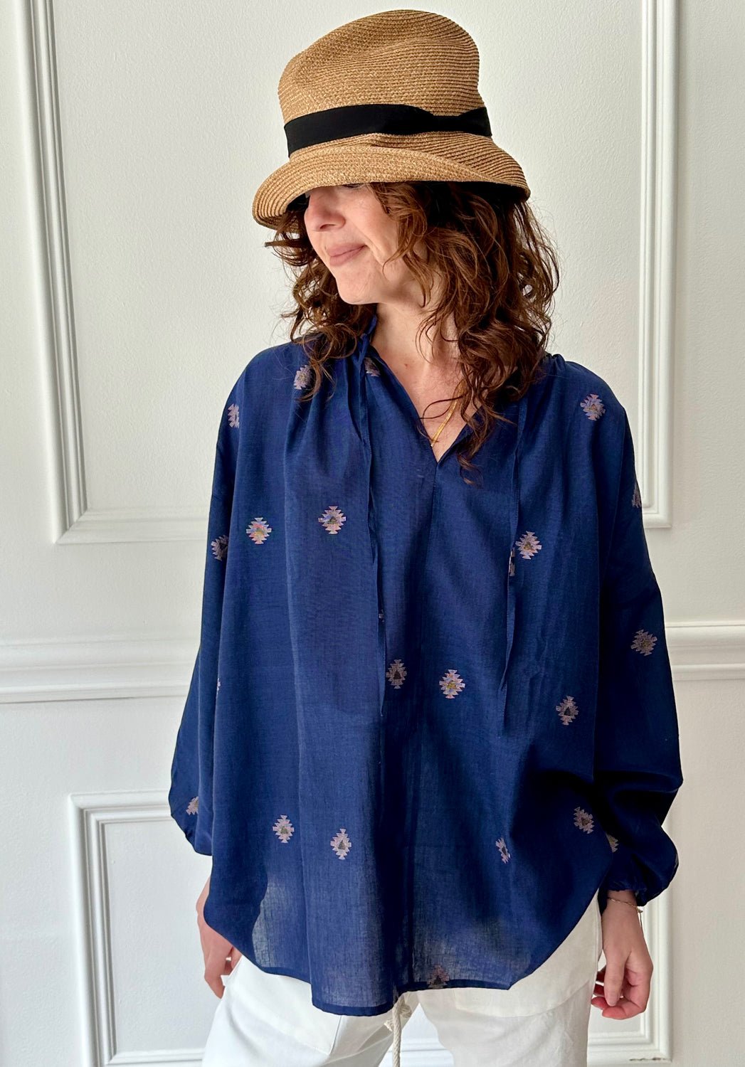 Two NY - Tie Neck Top in Navy Icon