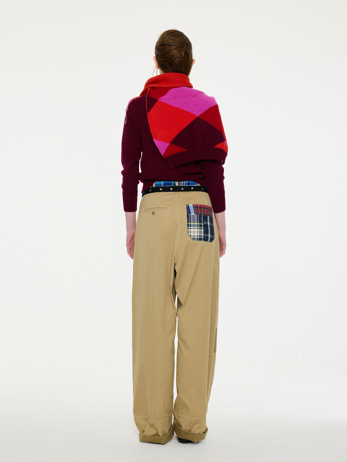 LA FETICHE - UNA ARGYLE CREW NECK SWEATER in BURGUNDY/PINK/ORANGE