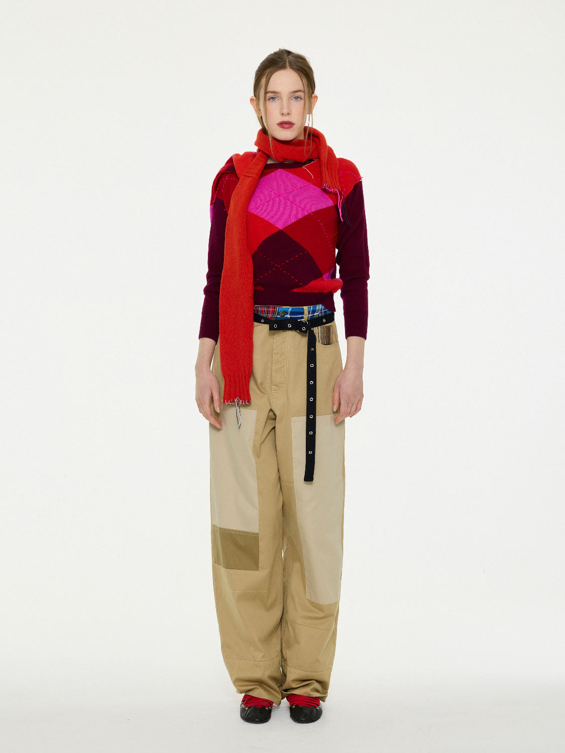 LA FETICHE - UNA ARGYLE CREW NECK SWEATER in BURGUNDY/PINK/ORANGE