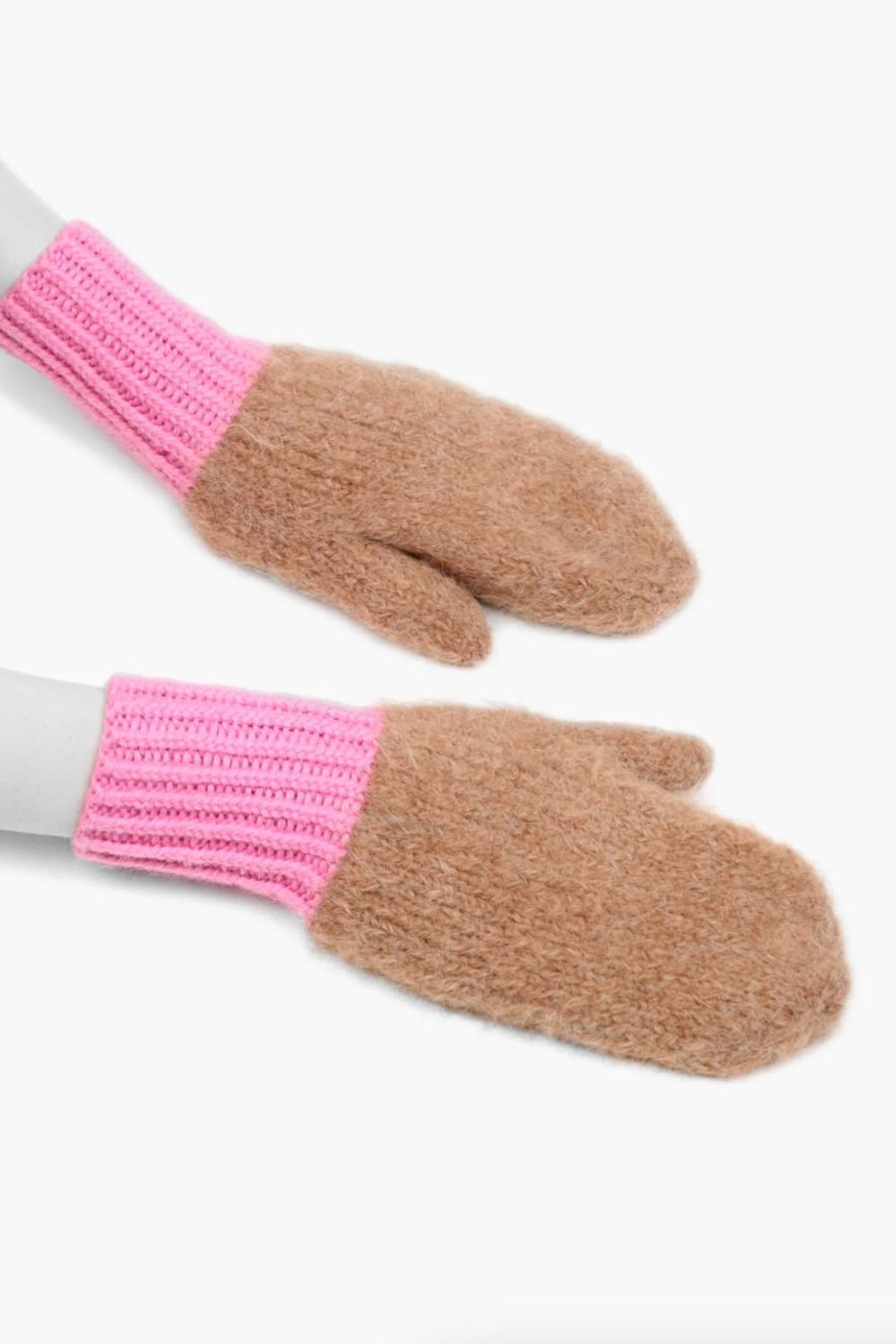 KARAKORAM - Hand Knitted Mittens in Camel/Pink