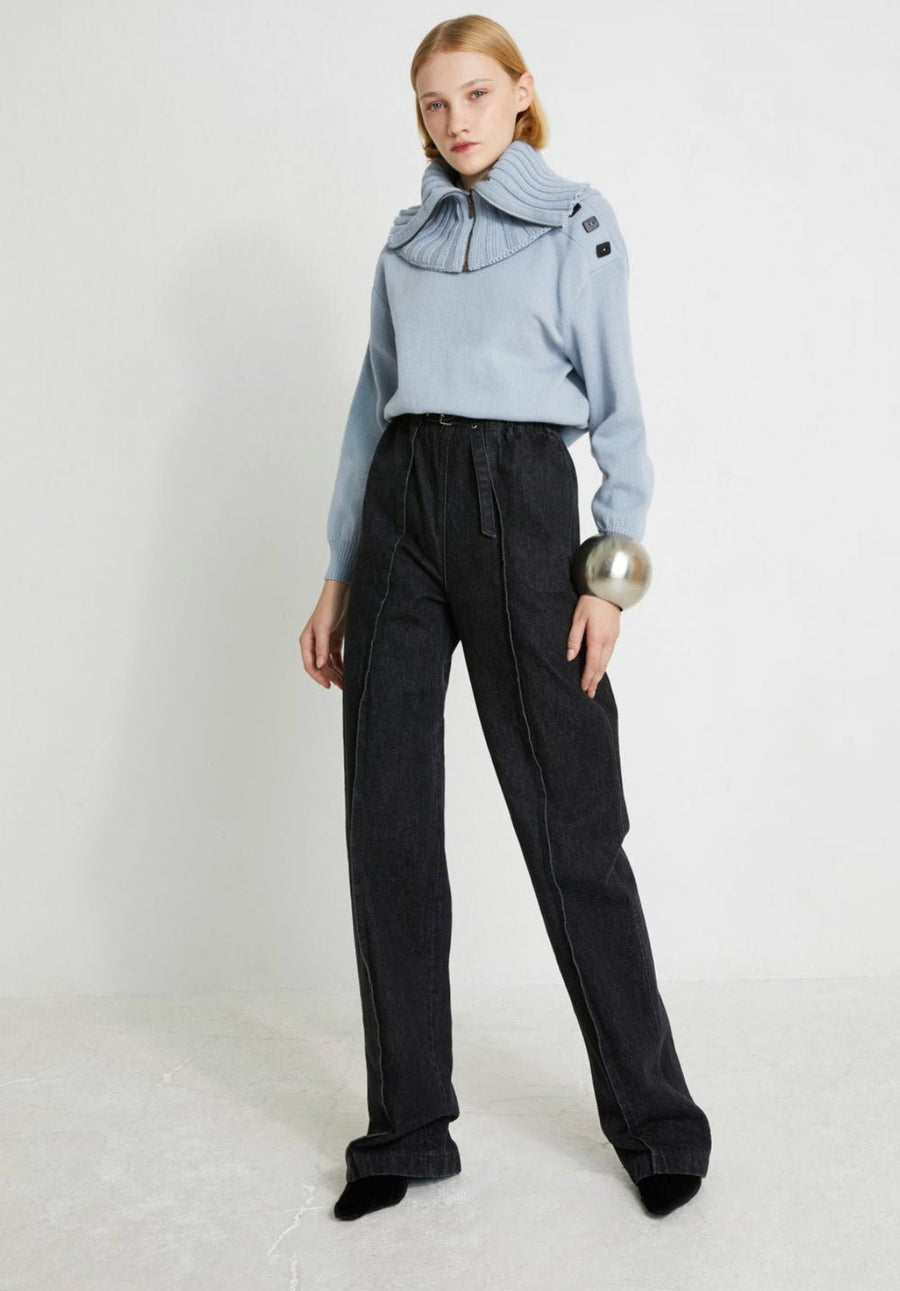 VERONIQUE LEROY - Wide Leg Pleated Trousers in Black Denim