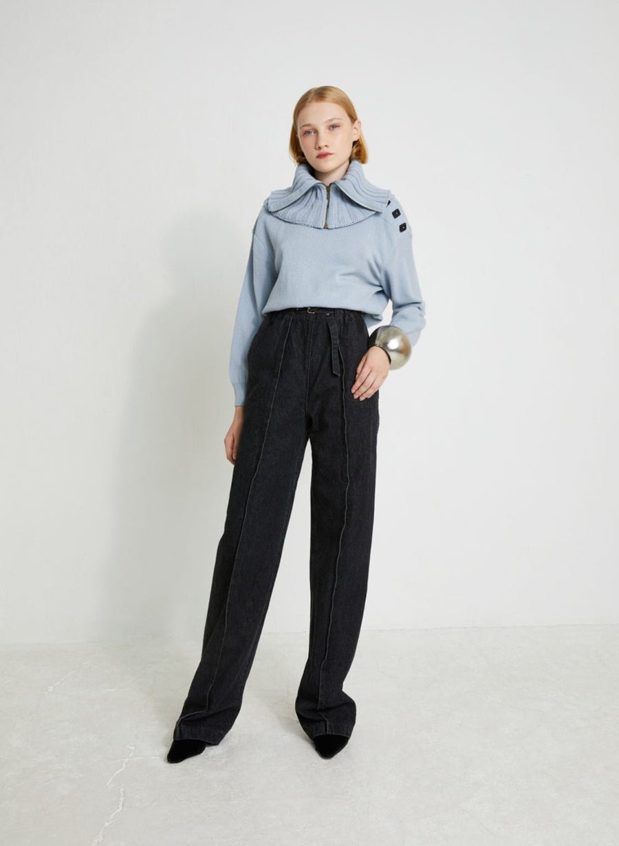 VERONIQUE LEROY - Wide Leg Pleated Trousers in Black Denim