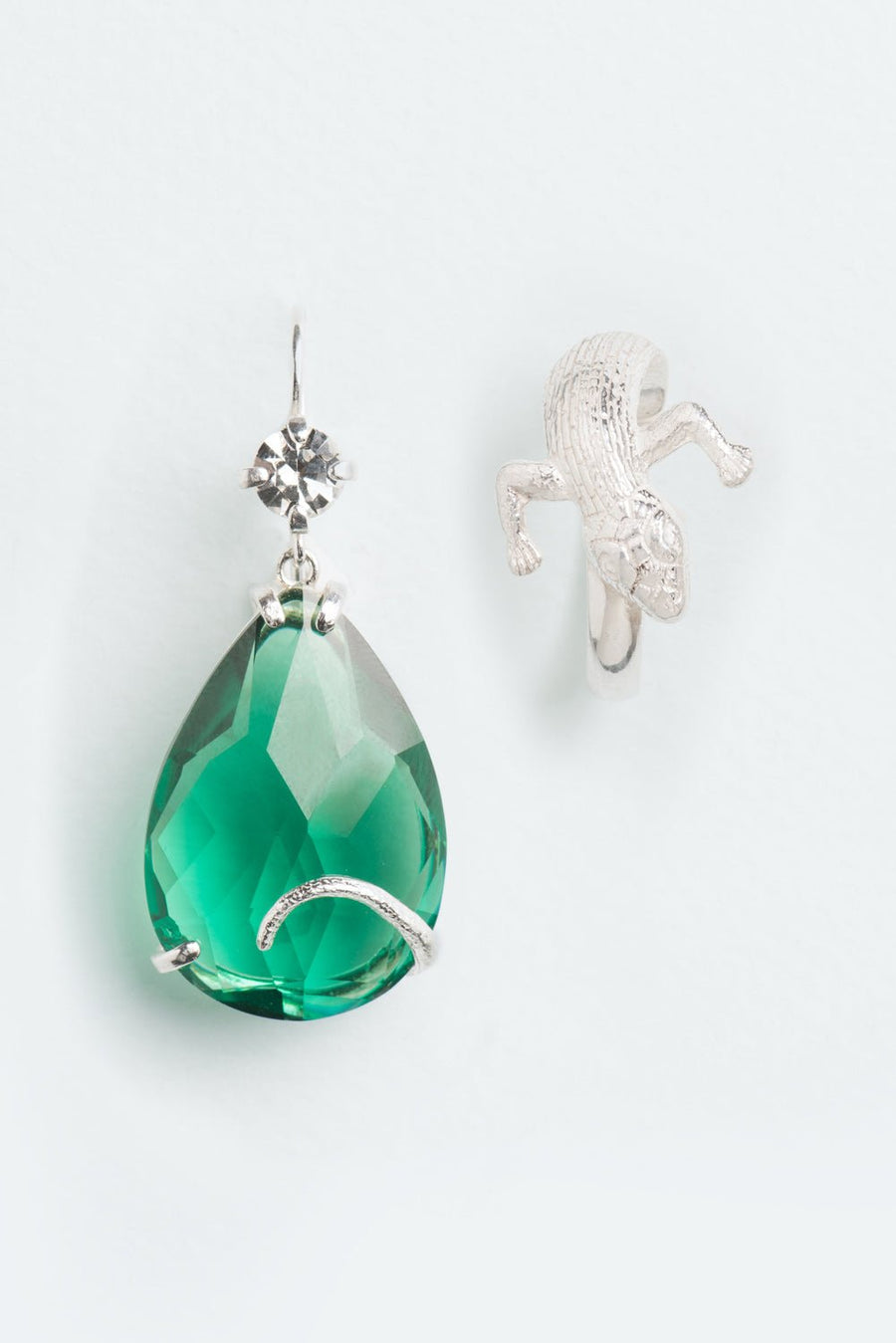 Wouters & Hendrix - Asymmetric Earrings With Salamander Cuff and Emerald Crystal Drop in Sterling Silver