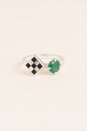 Wouters & Hendrix - Mother of Pearl and Onyx Mosaic with Green Agate Ring in Silver