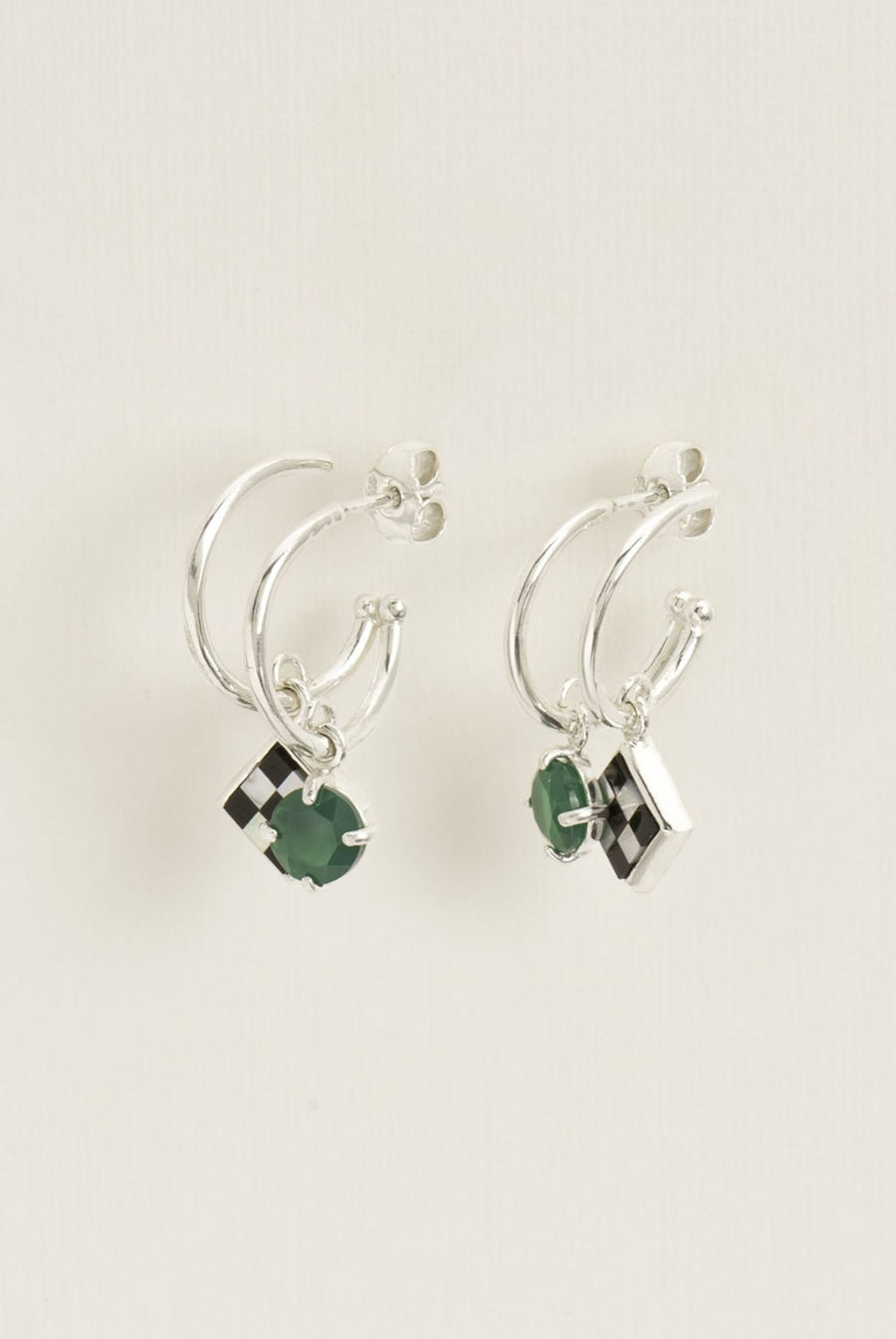 Wouters & Hendrix - Trompe L'Oeil Hoop Earrings with Mother of Pearl and Onyx Mosaic and Green Agate in Silver