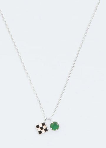 Wouters + Hendrix - Silver Necklace with Mother of Pearl and Onyx Mosaic, Green Agate Charms