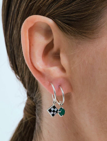 Wouters & Hendrix - Trompe L'Oeil Hoop Earrings with Mother of Pearl and Onyx Mosaic and Green Agate in Silver