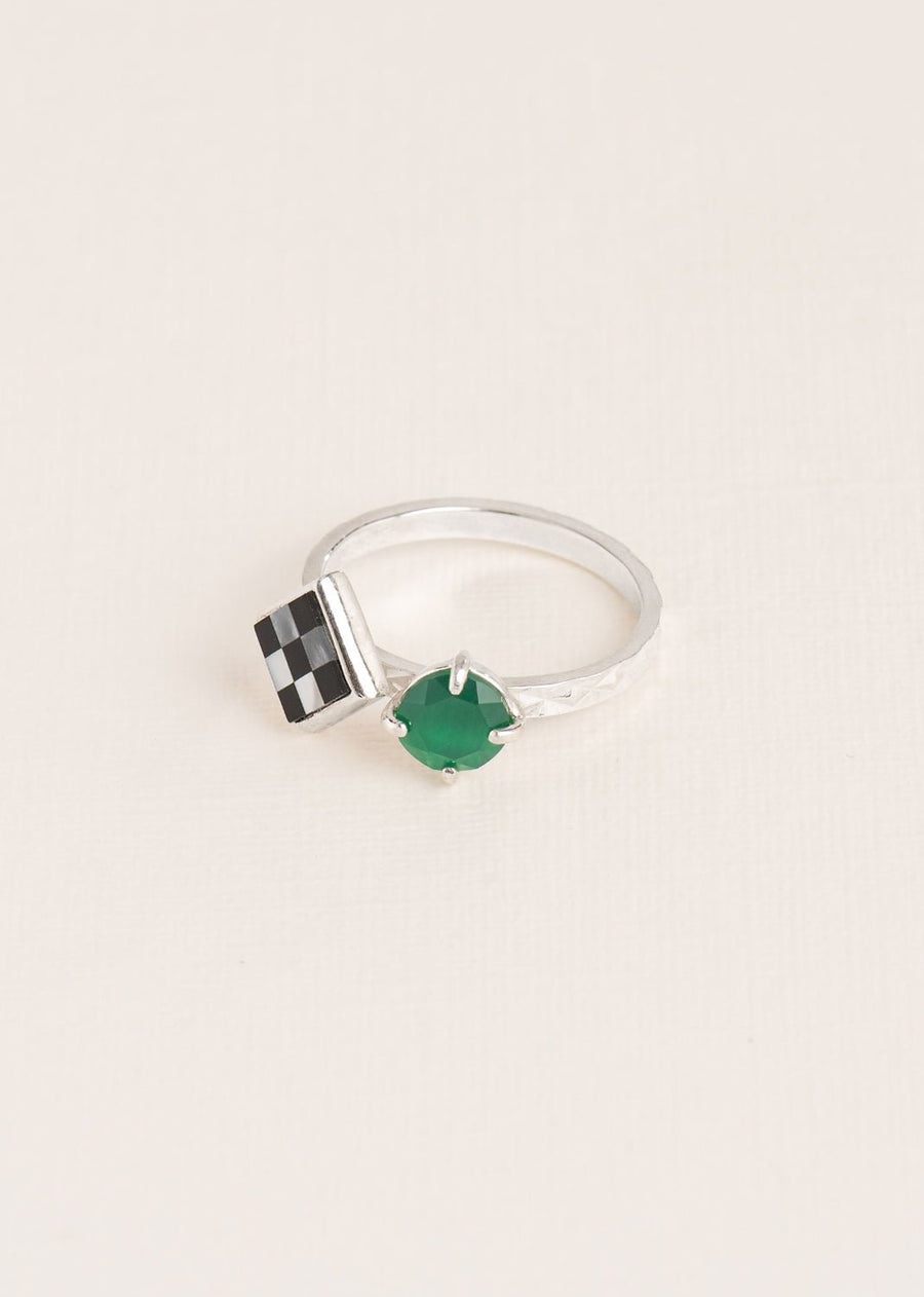 Wouters & Hendrix - Mother of Pearl and Onyx Mosaic with Green Agate Ring in Silver