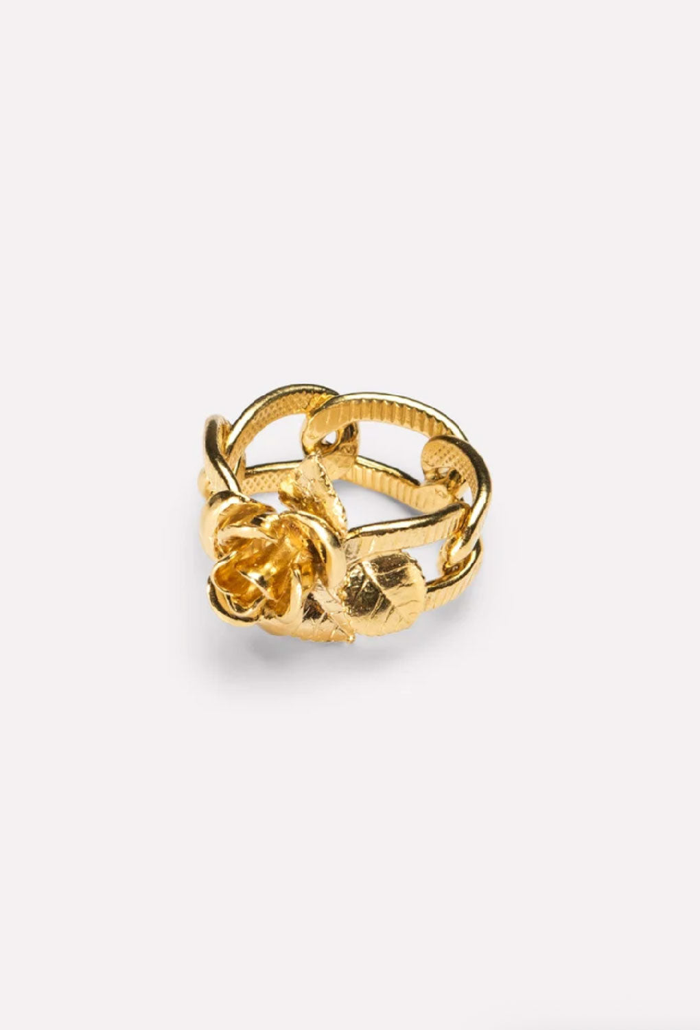Wouters & Hendrix - Statement Ring with Textured Chain Links and Rose in Gold