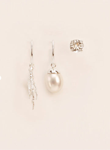 Wouters & Hendrix - Trio of Earrings with Grigri, Pearl and Crystal in Silver