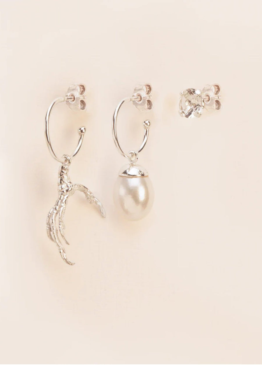 Wouters & Hendrix - Trio of Earrings with Grigri, Pearl and Crystal in Silver