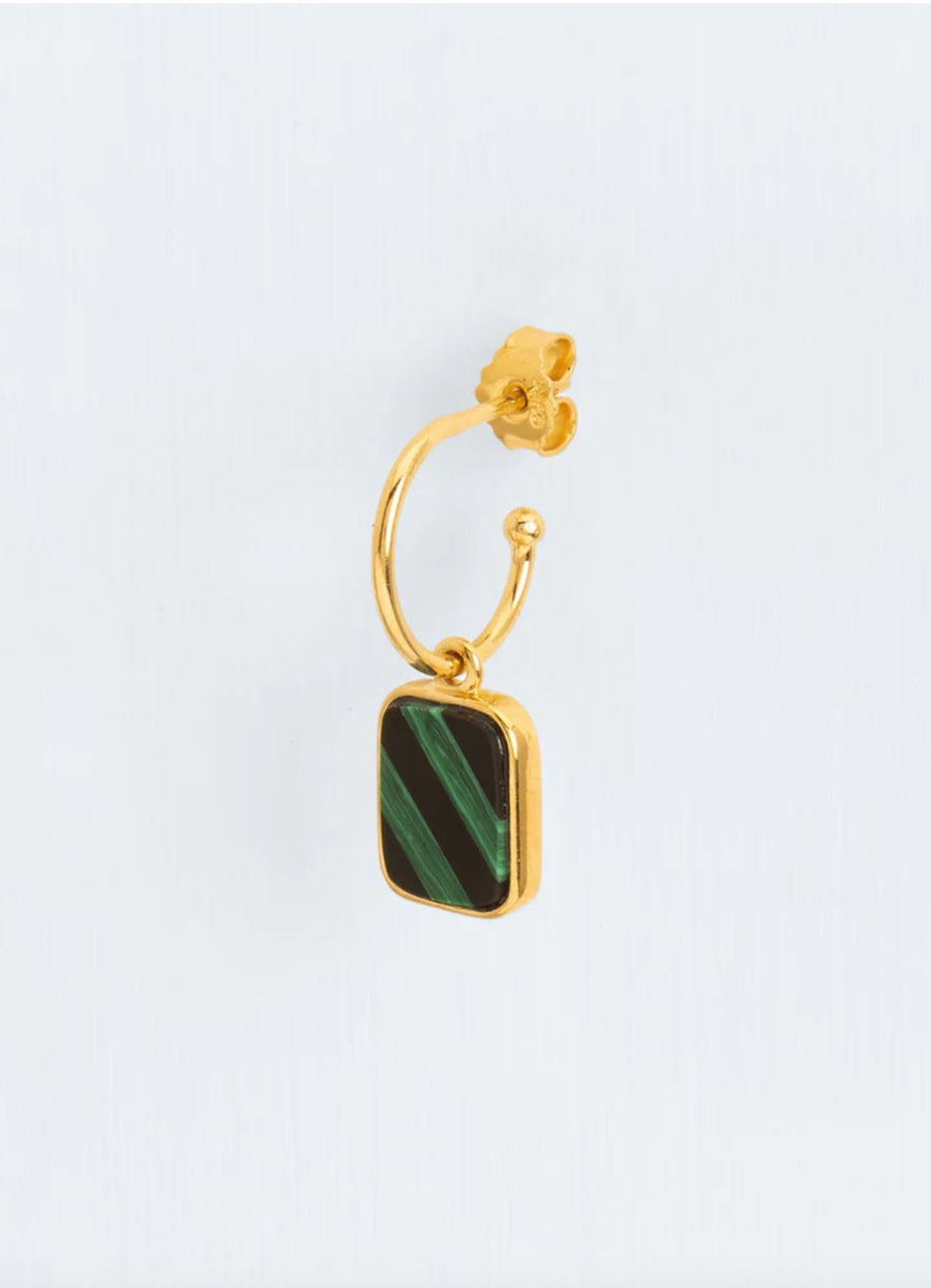 Wouters & Hendrix - Single Gold Hoop Earring with Malachite and Onyx Pendant