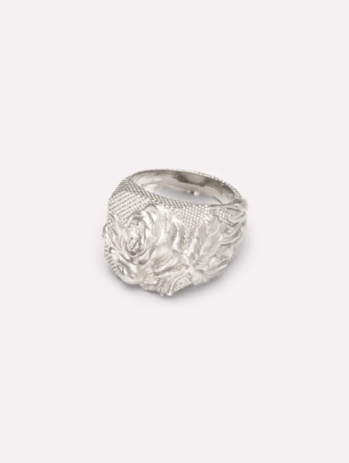 Wouters & Hendrix - Statement Signet Ring with Waffle and Rose Texture in Silver