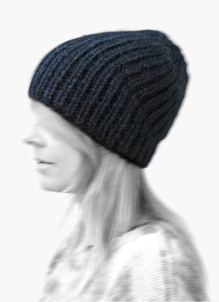KARAKORAM - Knitted Slant Beanie in Navy
