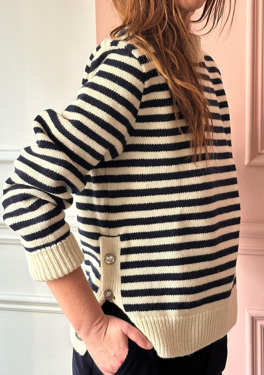 LES PRAIRIES DE PARIS -  St. Malo Crewneck Pullover in Ecru/Navy