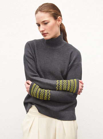 MOLLI - High Neck Pullover with Smocked Cuffs in Anthracite Grey/Green